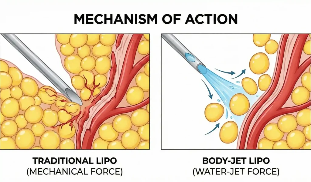 geleneksel ve body jet liposuction mekanizma diyagramı