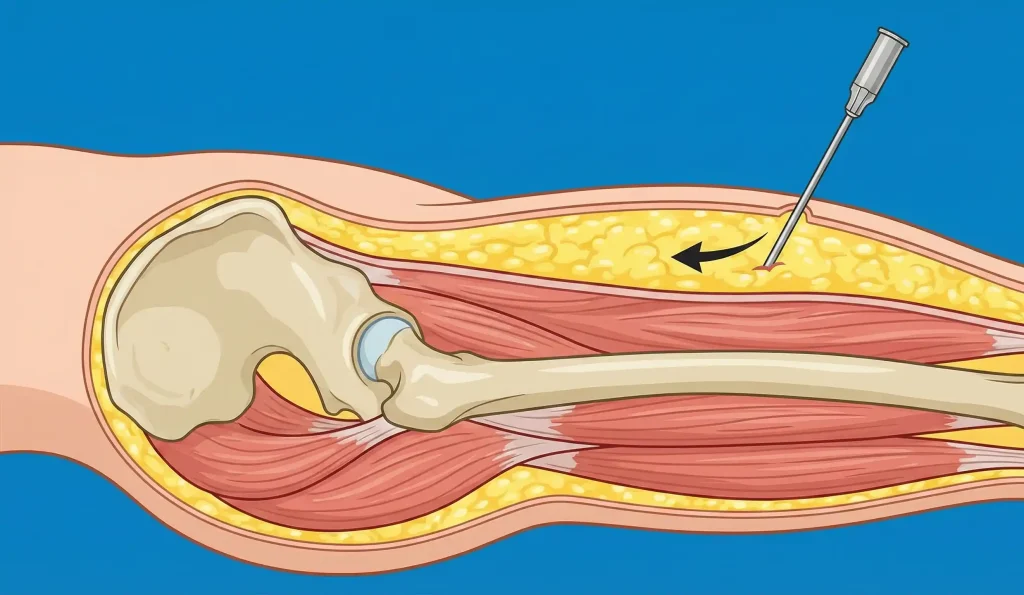 medical illustration cross section of hip showing liposuction cannula removing fat