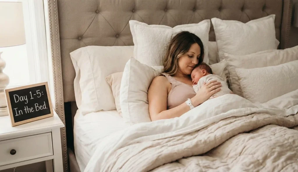 mama și nou-născutul odihnindu-se în pat în recuperarea postpartum zilele unu până la cinci
