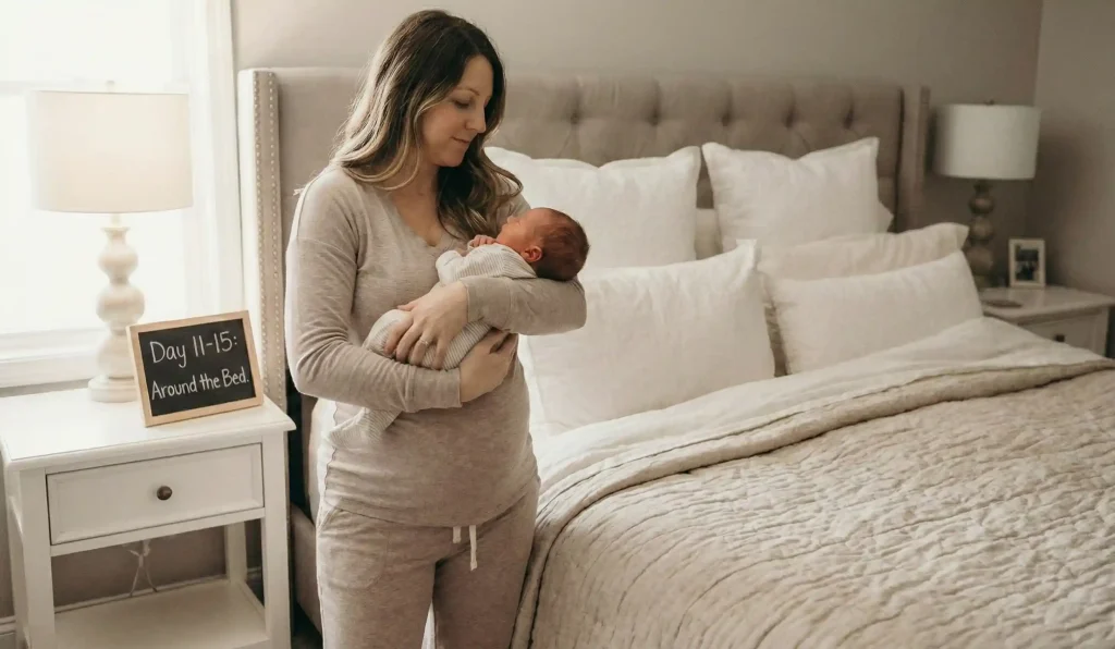 mamă stând aproape de pat ținând copilul, recuperare postpartum zilele unsprezece până la cincisprezece
