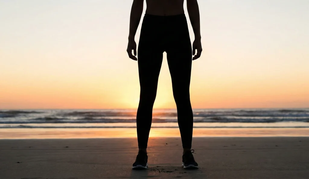 natürliche Silhouette einer fitten Frau mit Oberschenkelnische am Strand bei Sonnenuntergang