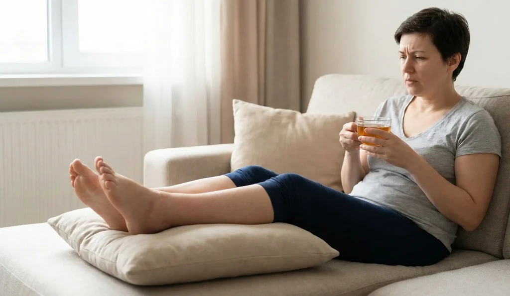 Person mit geschwollenen Beinen, die auf der Couch erhöht sind und Unbehagen verspüren