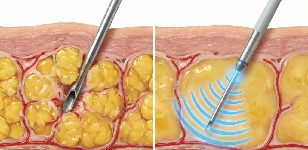 comparazione anatomica fotorealistica tra liposuzione tradizionale e assistita da ultrasuoni nel tessuto