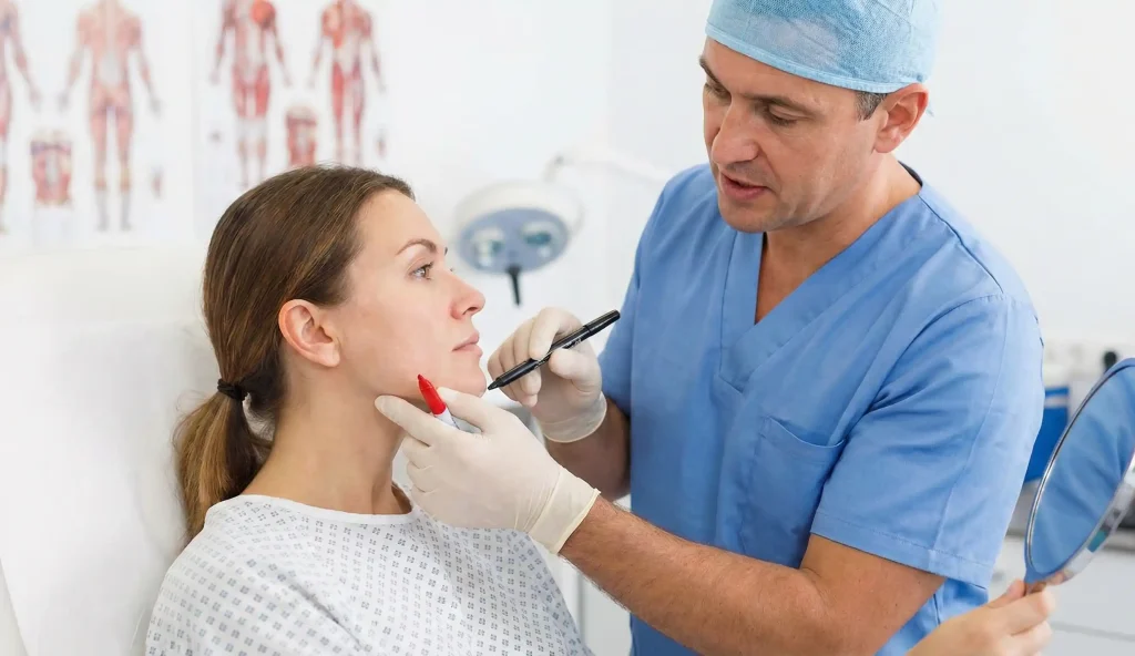 plastic surgeon consultation female patient clean face