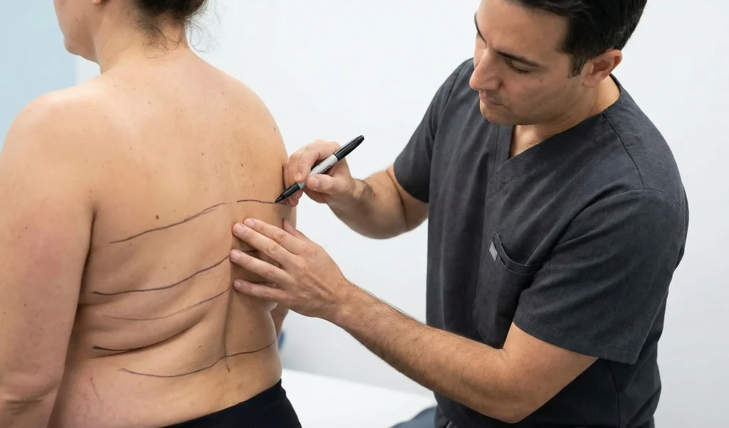 chirurgo plastico che marca le pliche dorsali per consulenza liposuzione