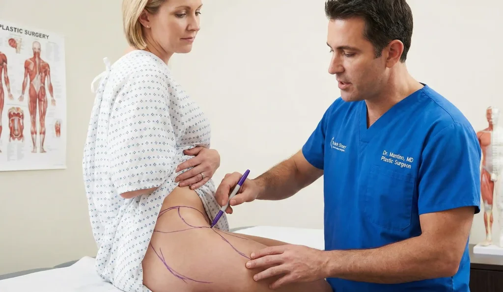 plastic surgeon marking hip area for liposuction during consultation