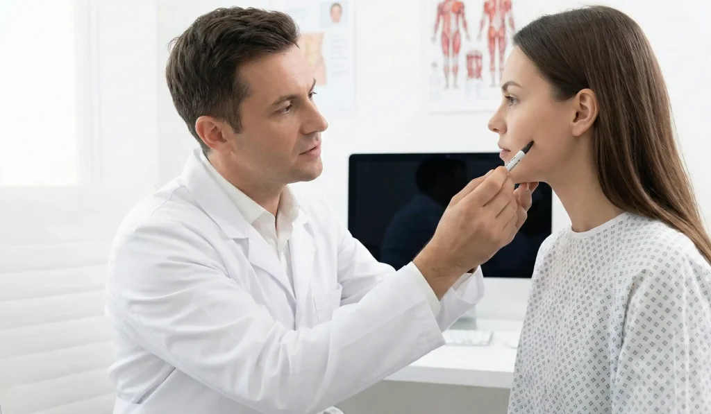 chirurg plastic marcând obraji pacient pentru liposucție