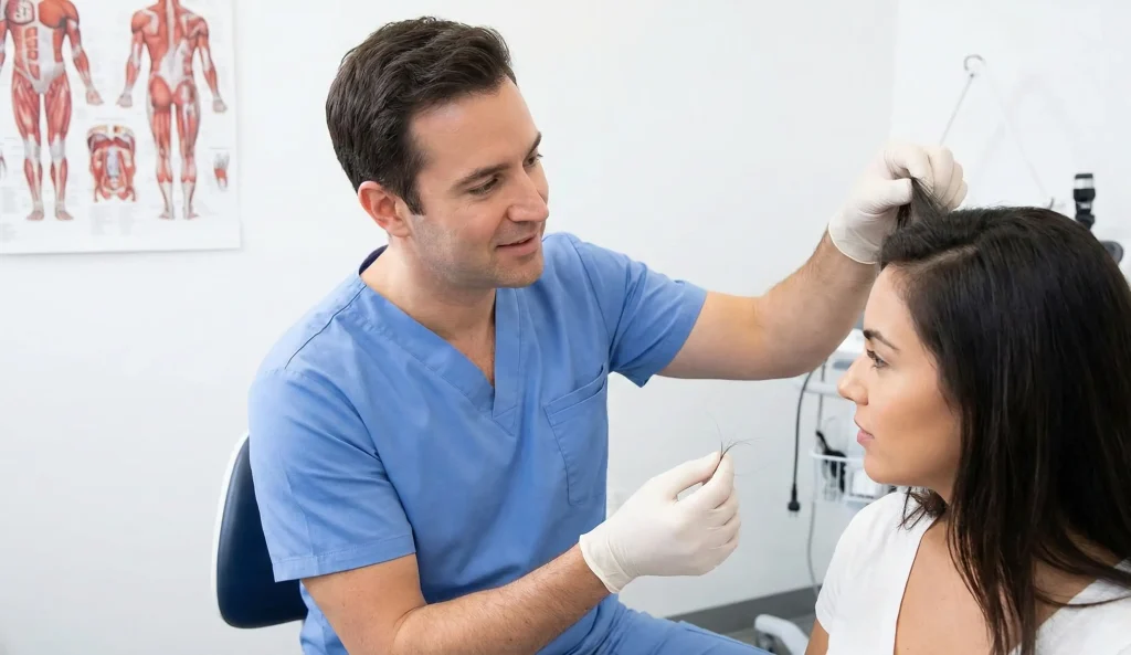 chirurgo plastico che esegue test di trazione dei capelli