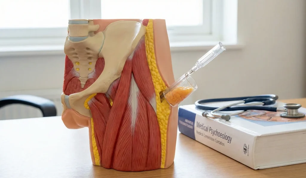 modello anatomico realistico dell'anca con cannula di liposuzione sul tavolo del medico