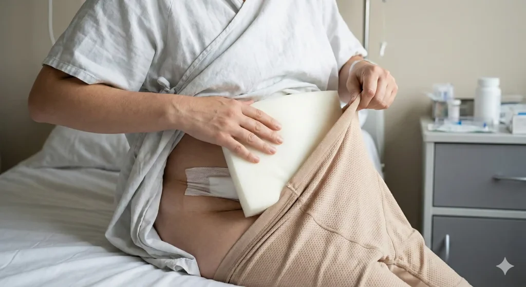 recovery patient applying lipo foam under faja