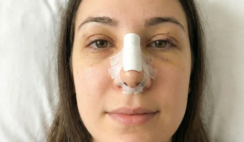 pacient în recuperare precoce după rinoză cu seltă și plasturi, fotografie naturală
