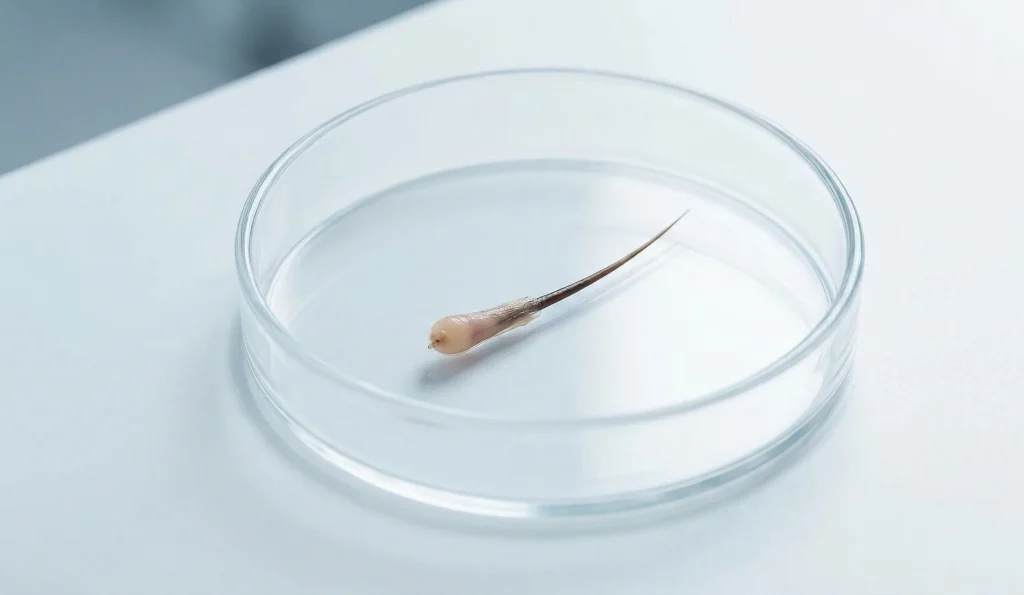 Einzelnes Haar-Graft in Petrischale Nahaufnahme
