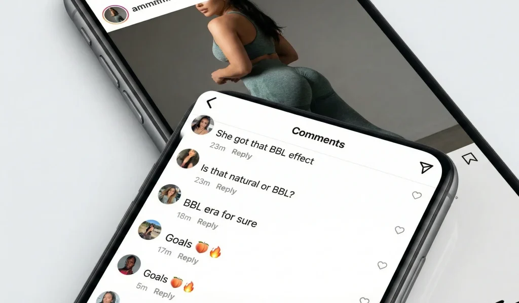 schermata di smartphone con commenti sull'uso dello slang BBL sui social media