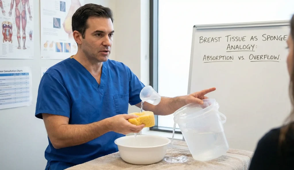 Chirurg demonstriert Schwamm-Wasser-Analogie bei Fett-Resorption