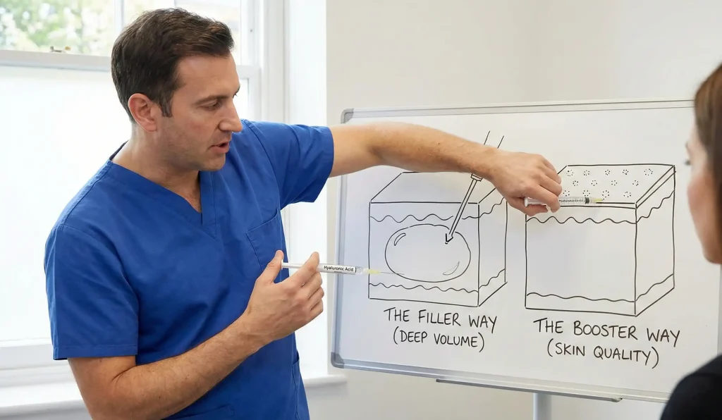 Chirurg erklärt Filler- vs. Booster-Injektionstechniken Whiteboard
