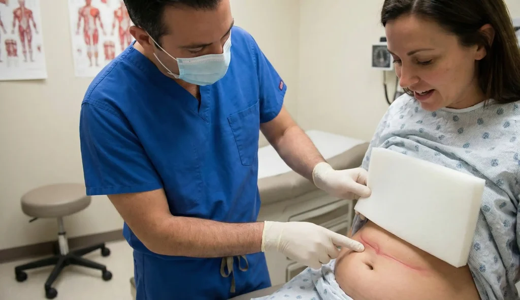 surgeon pointing out compression marks waist