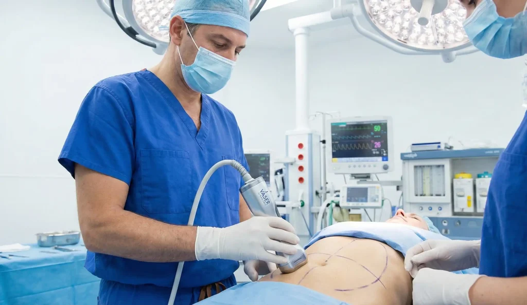 chirurgo che utilizza apparecchiatura avanzata di liposuzione Vaser in sala operatoria