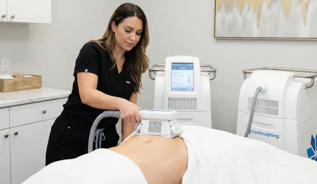 Techniker bei der Anwendung des Coolsculpting-Geräts am Bauch des Patienten in der Klinik