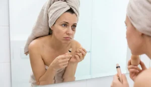 woman applying concealer hiding eye bags shadow