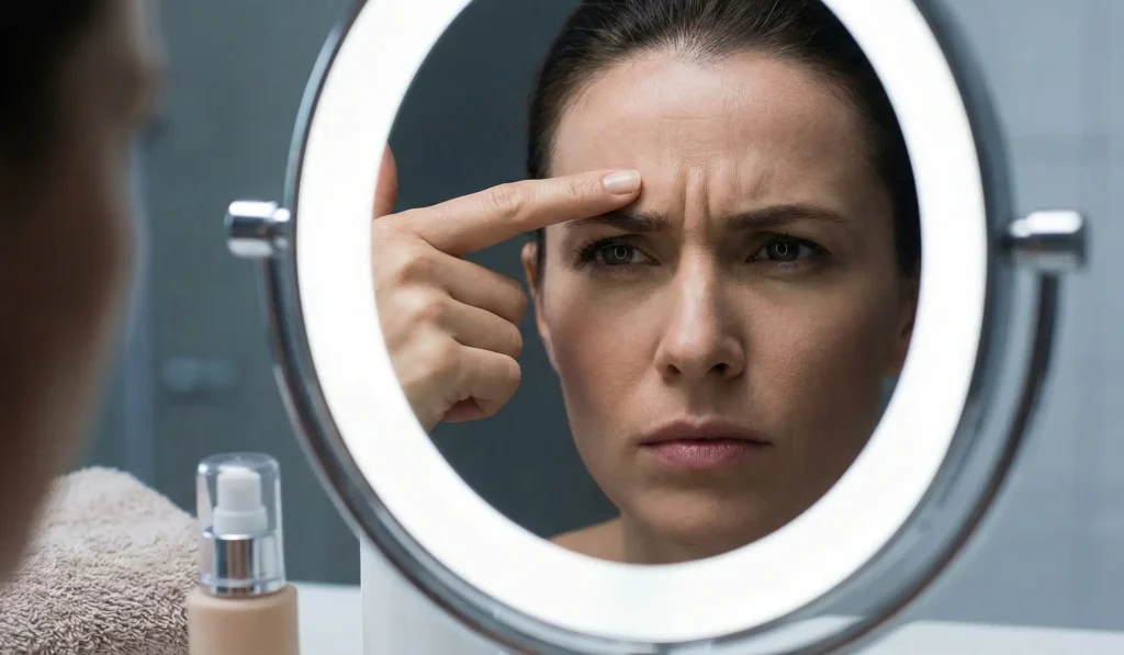 woman checking glabella magnifying mirror