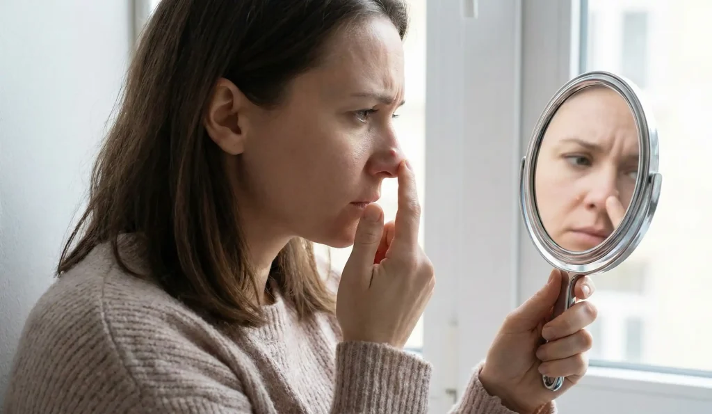 donna che controlla la irregolarità nasale dal profilo nello specchio
