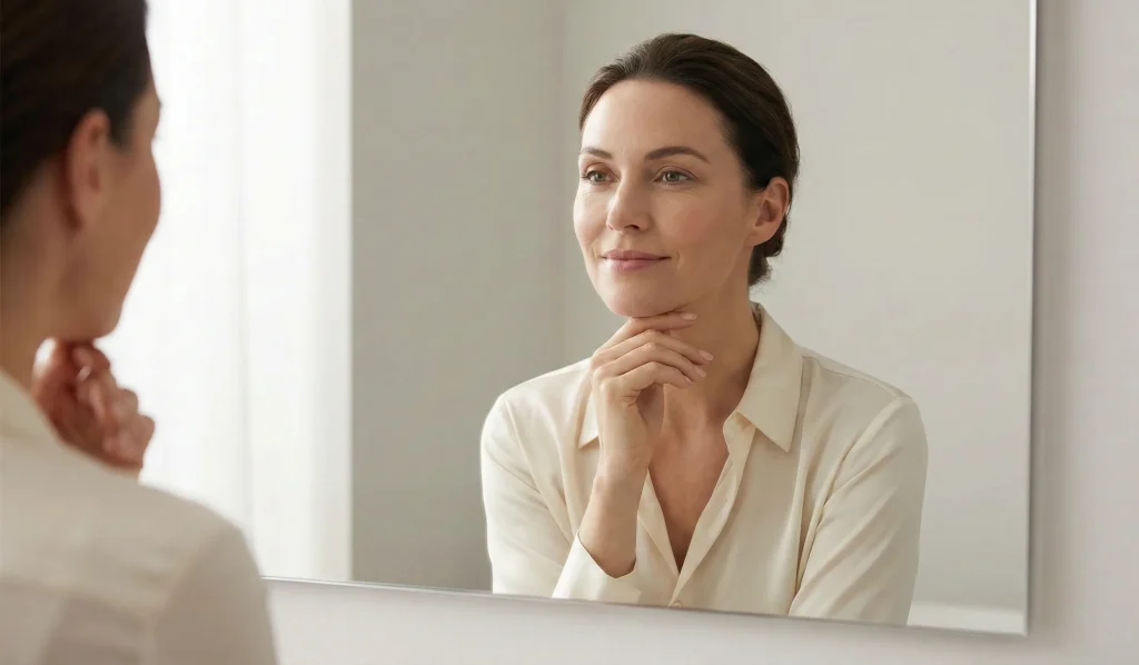 woman defined jawline v shape mirror check