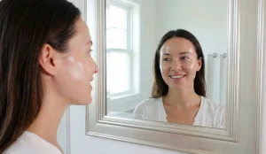woman glass skin natural glow mirror reflection