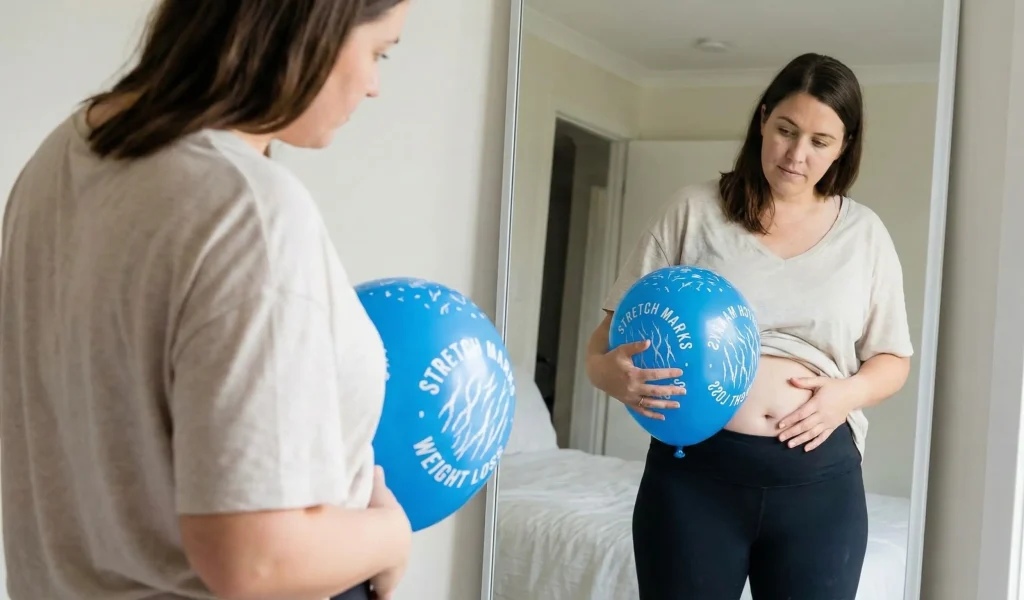 mujer en espejo sosteniendo globo con visualización de estrías
