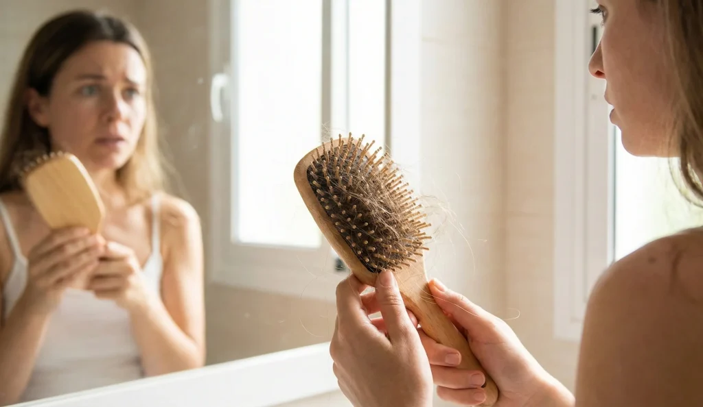 donna che guarda la spazzola con perdita di capelli in bagno