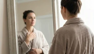 woman looking in mirror contemplating