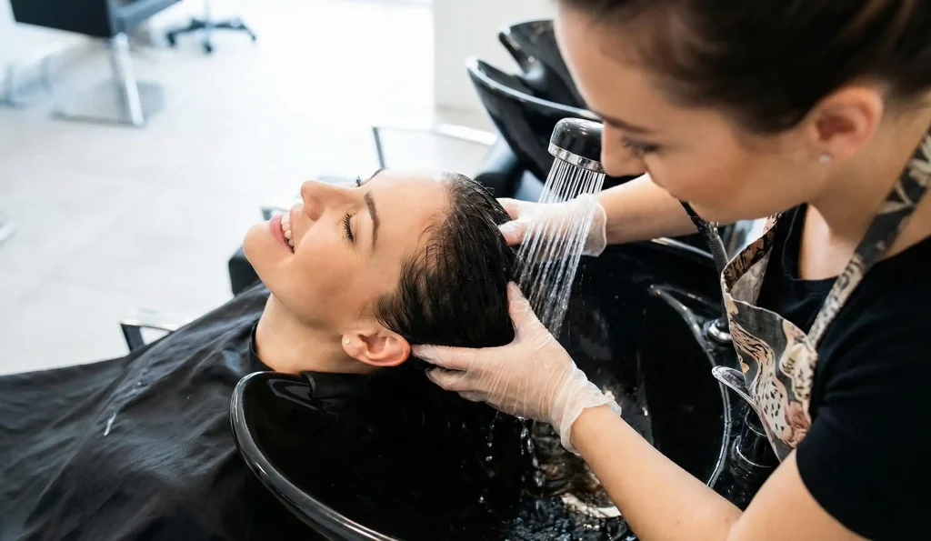 woman salon chair hair wash scar test