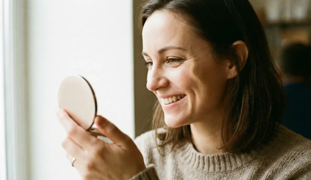 donna che sorride allo specchio, riempimento della curva naturale dell'ogee delle guance