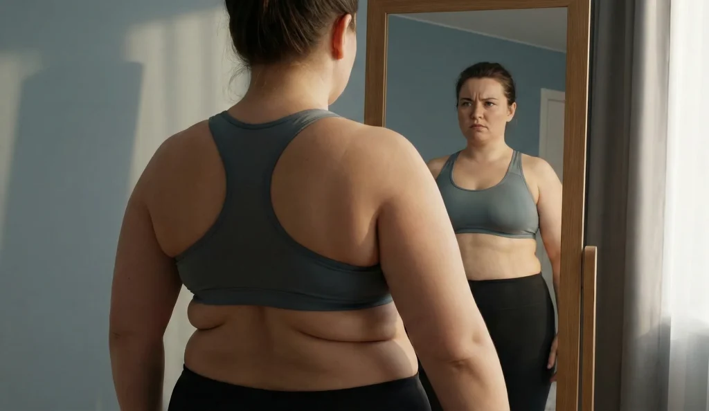 donna che si guarda allo specchio mostrando rotoli dorsali con reggiseno sportivo