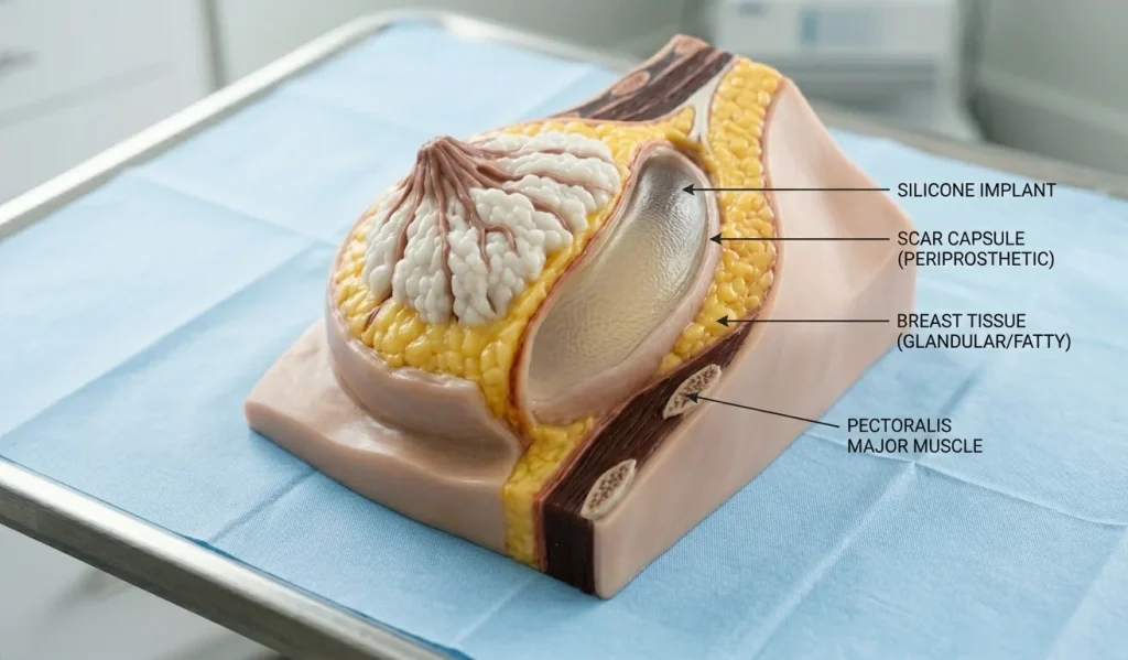 Modello anatomico 3D mammella con cicatrice da impianto e capsula