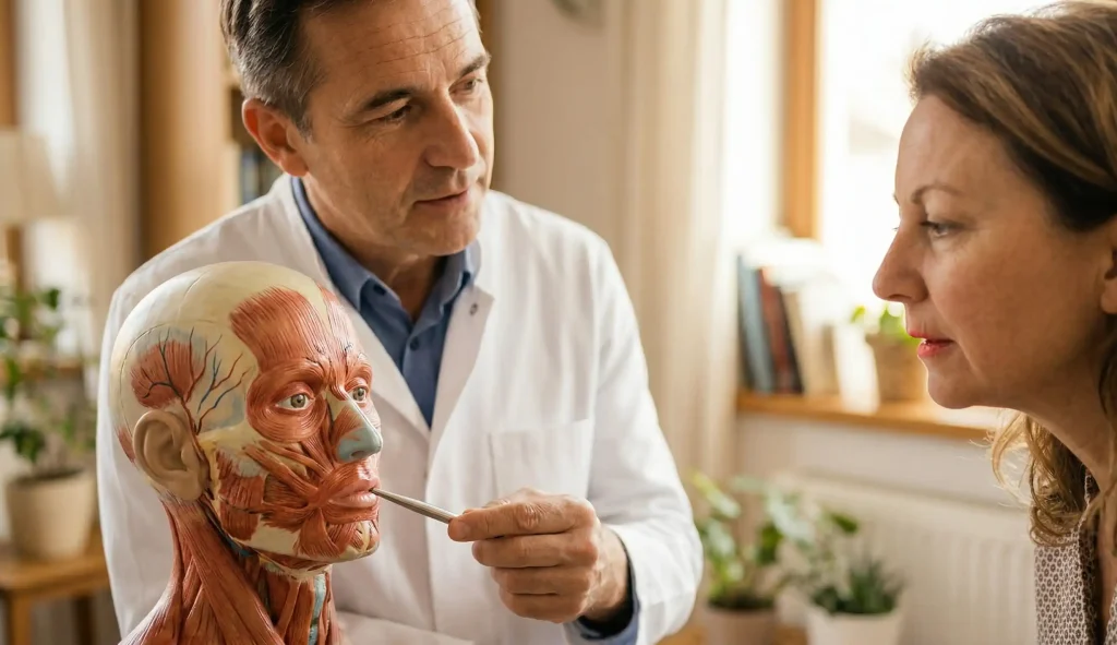 modello anatomico 3d del muscolo lip flip con medico che punta