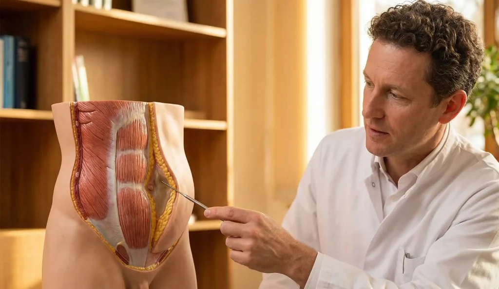 model anatomo, medic indicând localizarea seromului după abdominoplastie