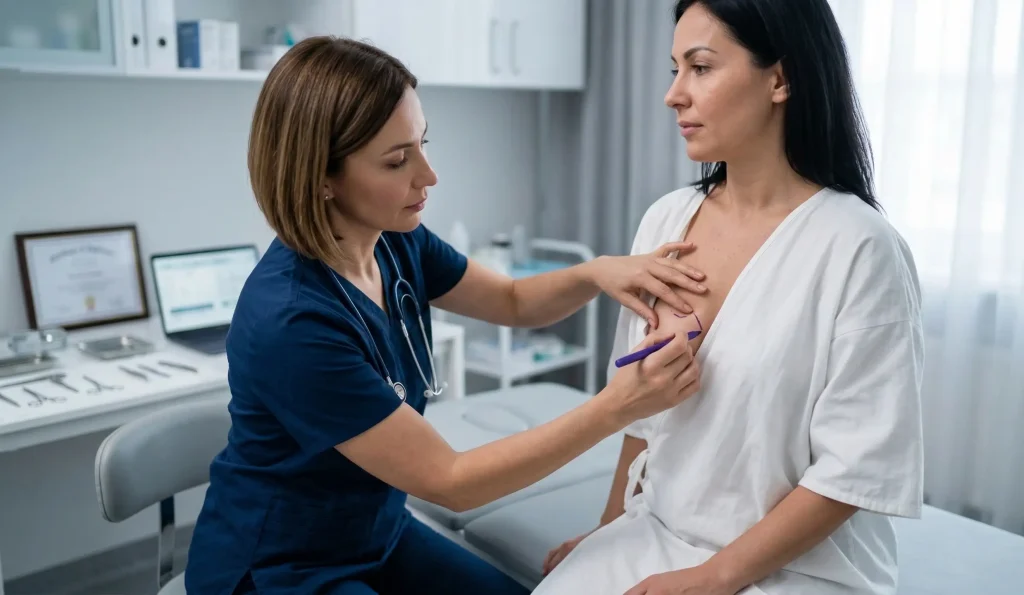 Bruststraffungsberatung Arzt markiert Patient