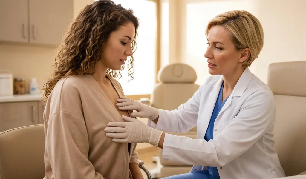 klinische Untersuchung eines Brustimplantats durch Arzt und Patientin