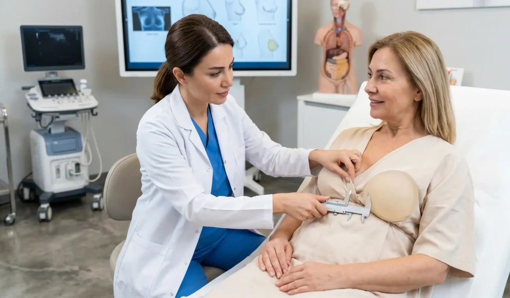 Esame clinico del seno con impianto in paziente di 60 anni