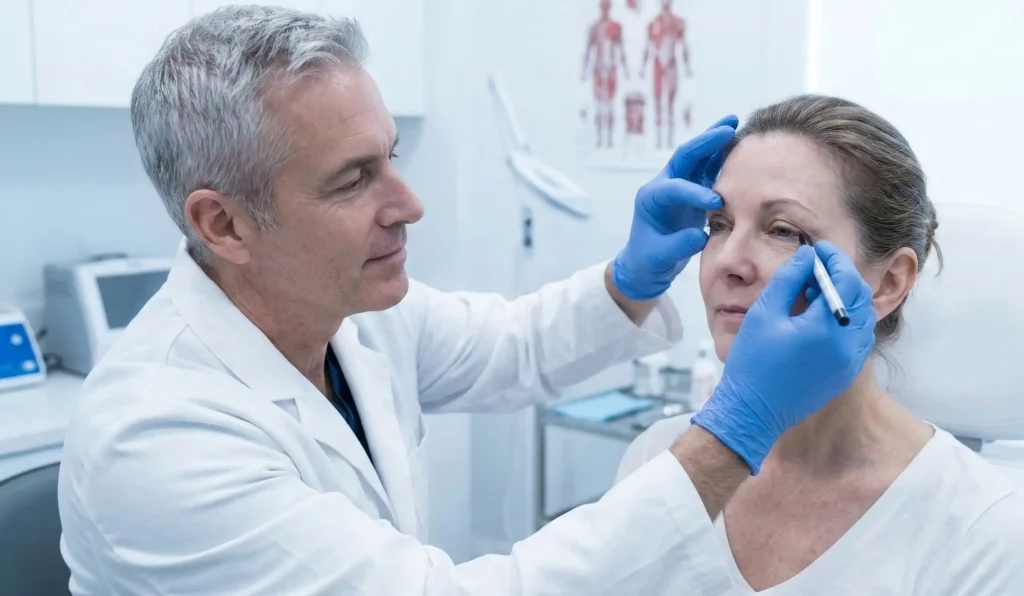 doctor examining blepharoplasty patient pre surgery