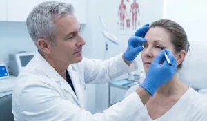doctor examining blepharoplasty patient pre surgery