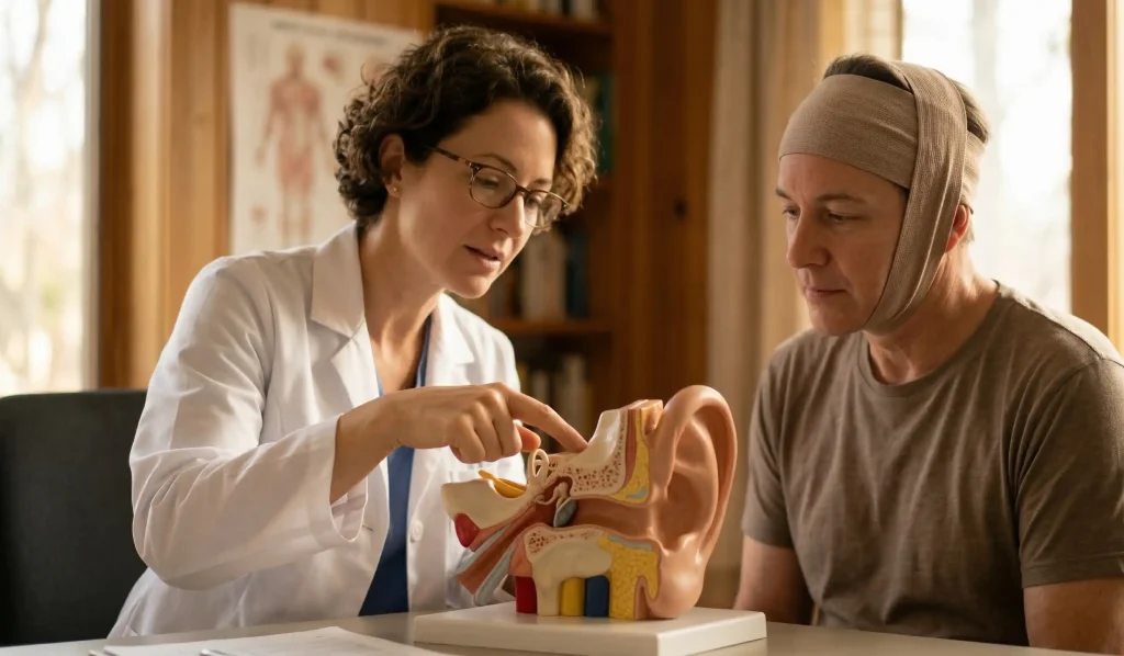 doctor examining male patient ear