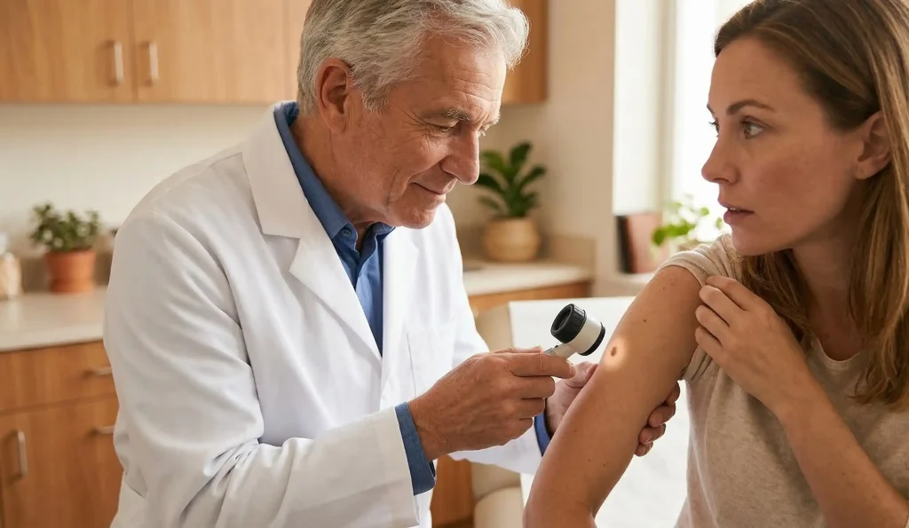 Arzt untersucht Patienten-Hautmal