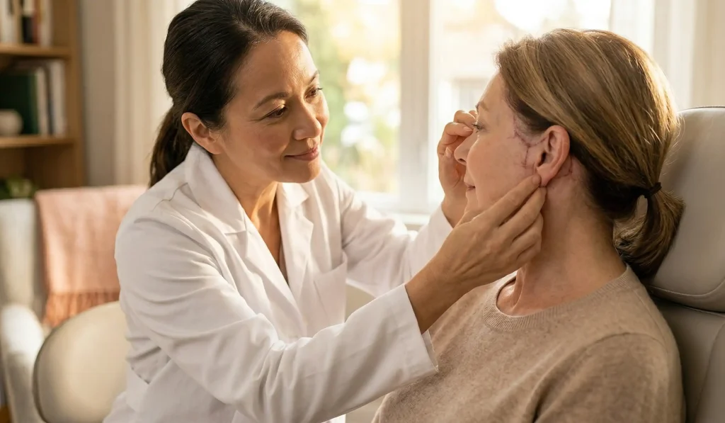 doctor examining post facelift ear pain