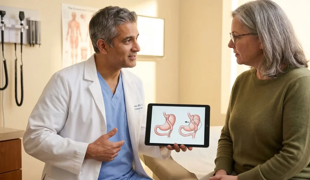 medico che spiega reversibilità della bypass gastrico al paziente