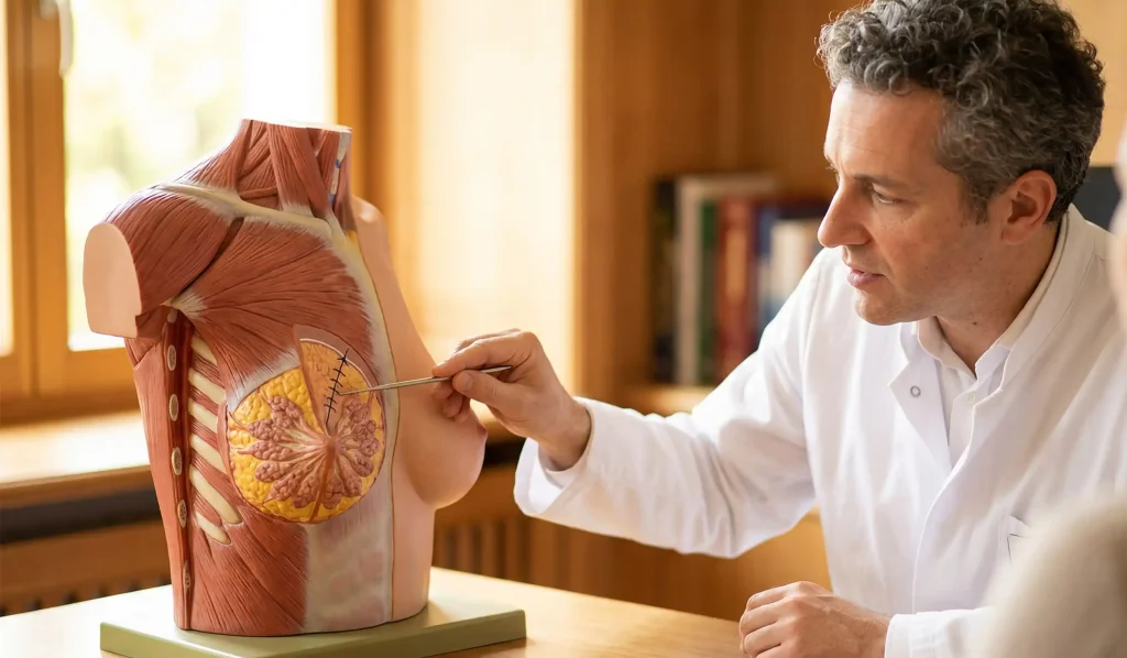 doctor explicând suturile interne cu modelul 3D al sânului