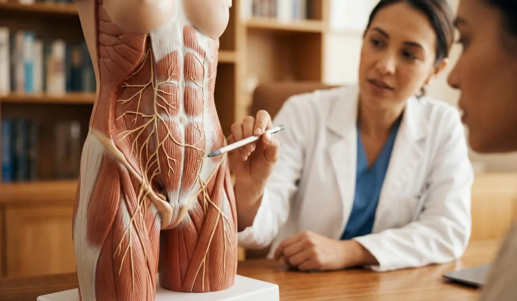 Arzt erklärt Liposuktion-Nervenschmerzen an einem anatomischen 3D-Modell