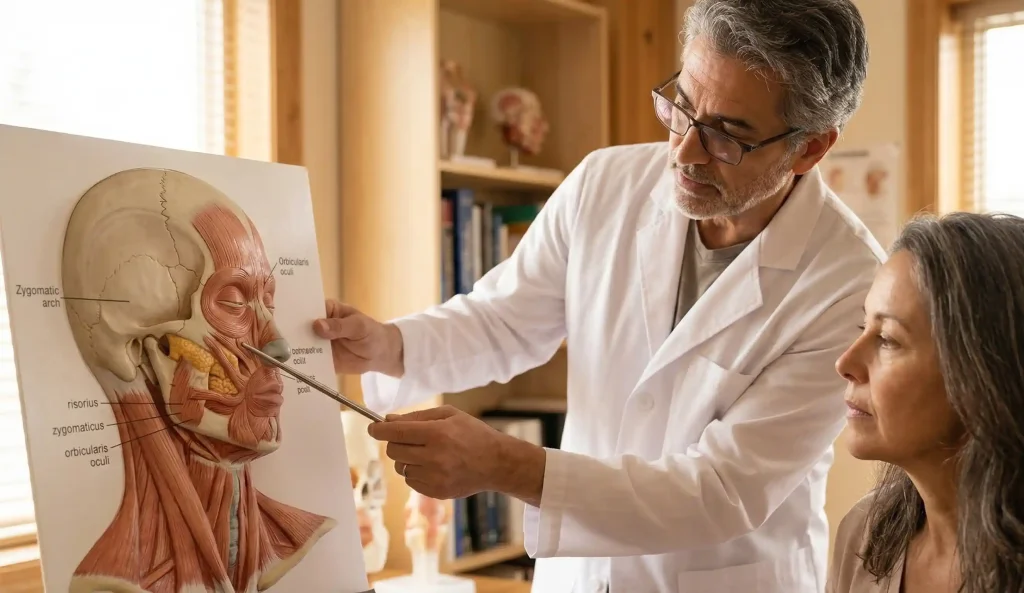 medic indicând modelul anatomic al mijlocului feței
