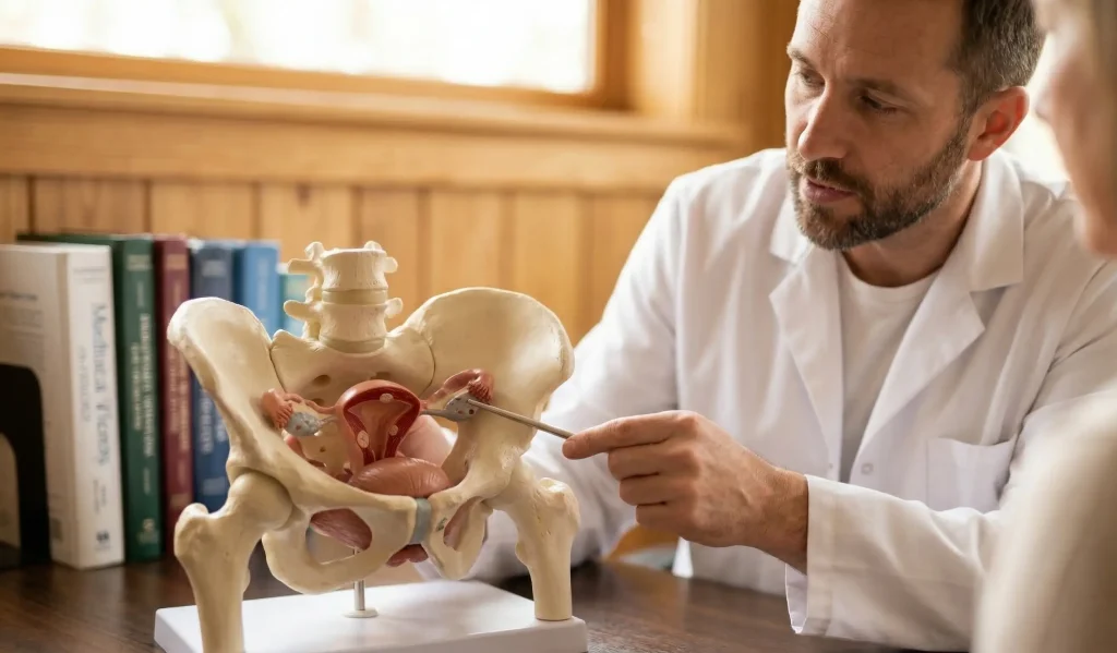medico che indica modello anatomico post isterectomia