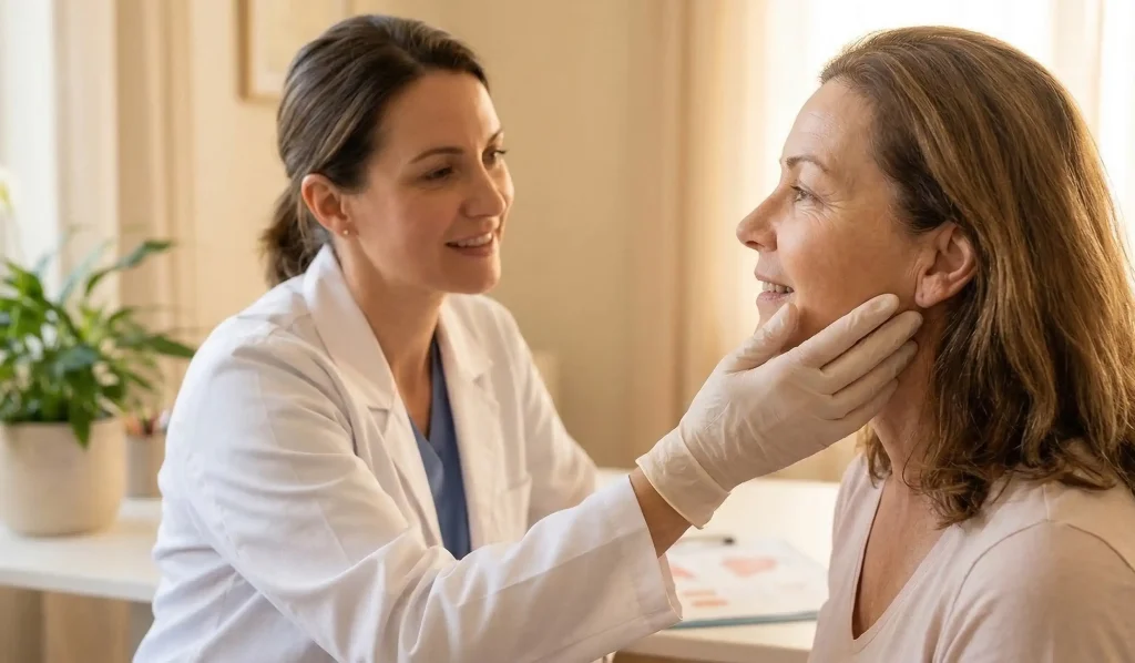chirurg facelift examinând pacientul în timpul vindecării